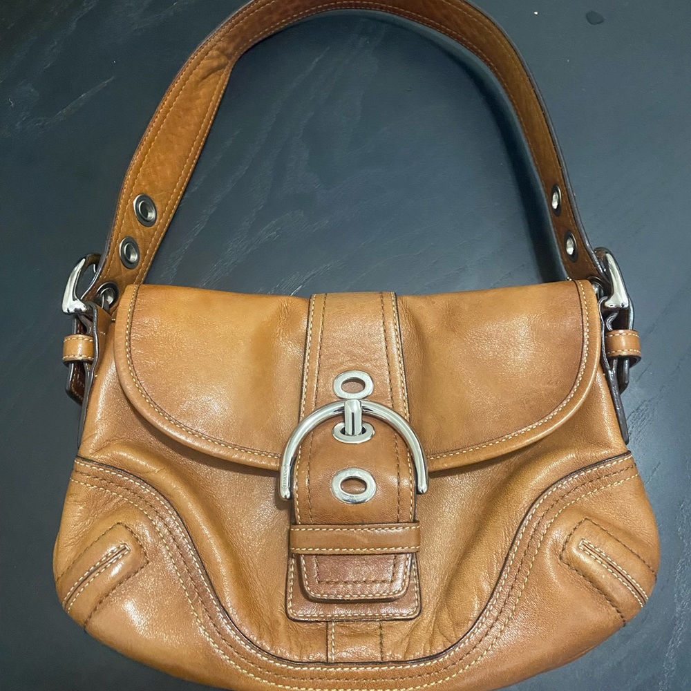 Coach Soho Tan Shoulder Bag with white contrast stitching and silver hardware